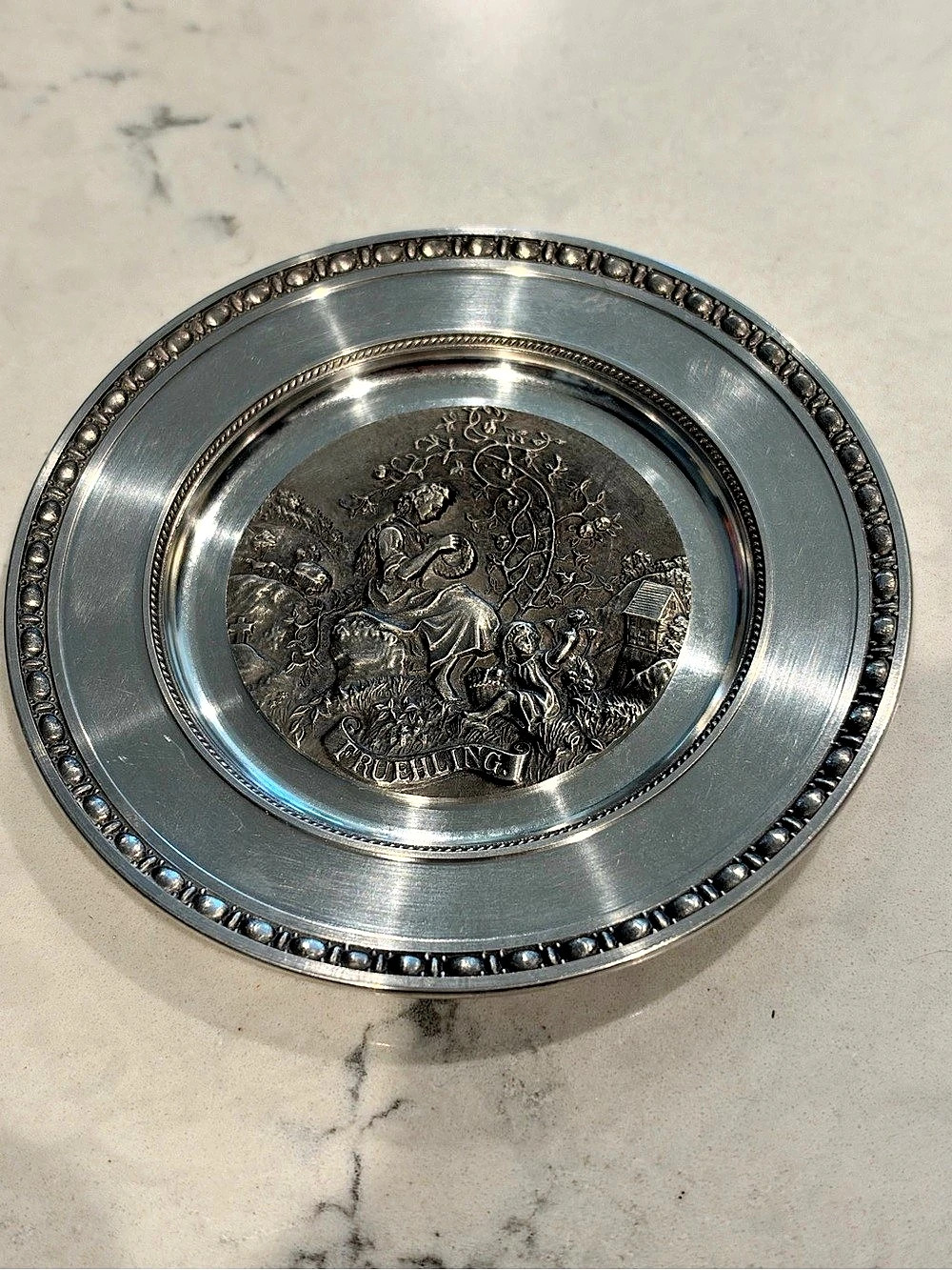 Vintage German Pewter mini hanging plate, Früehling spring angel hallmark, 4.25”